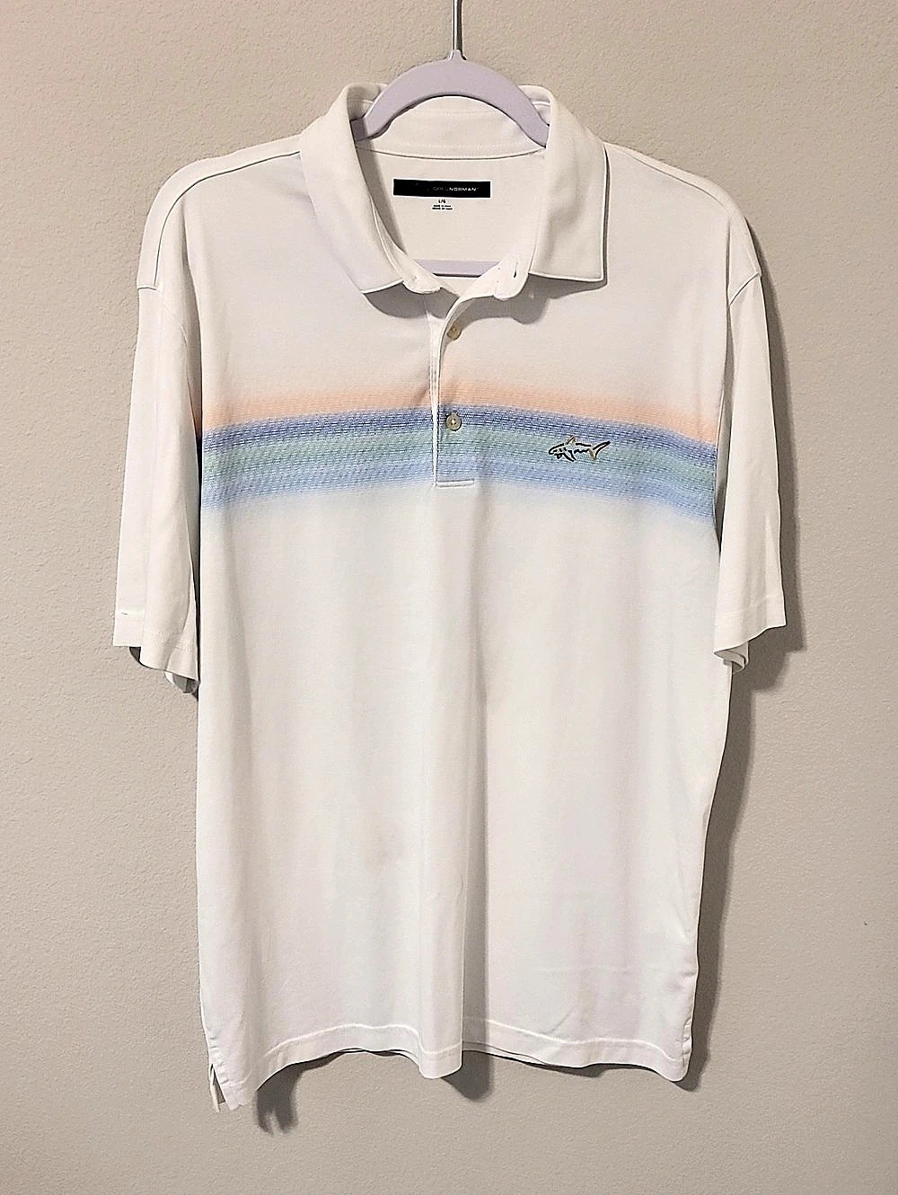 Greg Norman Striped Polo White & Blue Size Large